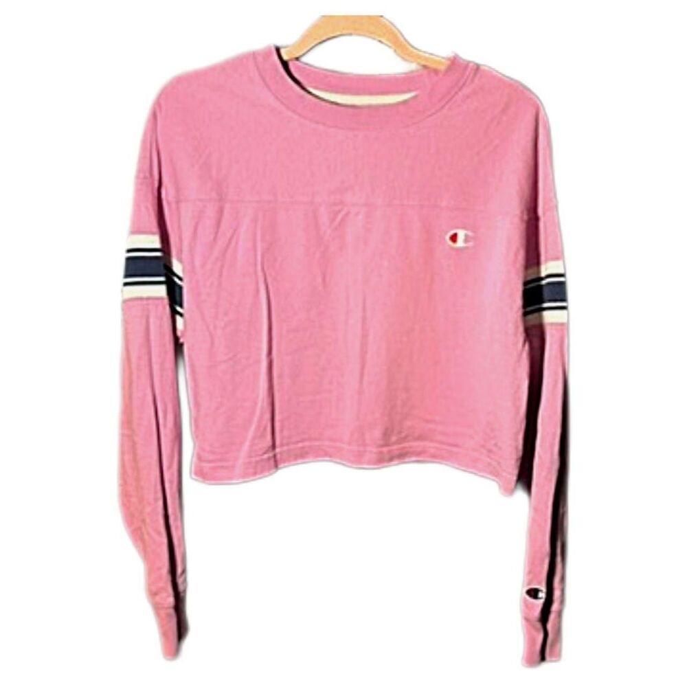 Champion Pink Cropped Long Sleeve Tee Stripe Logo Small